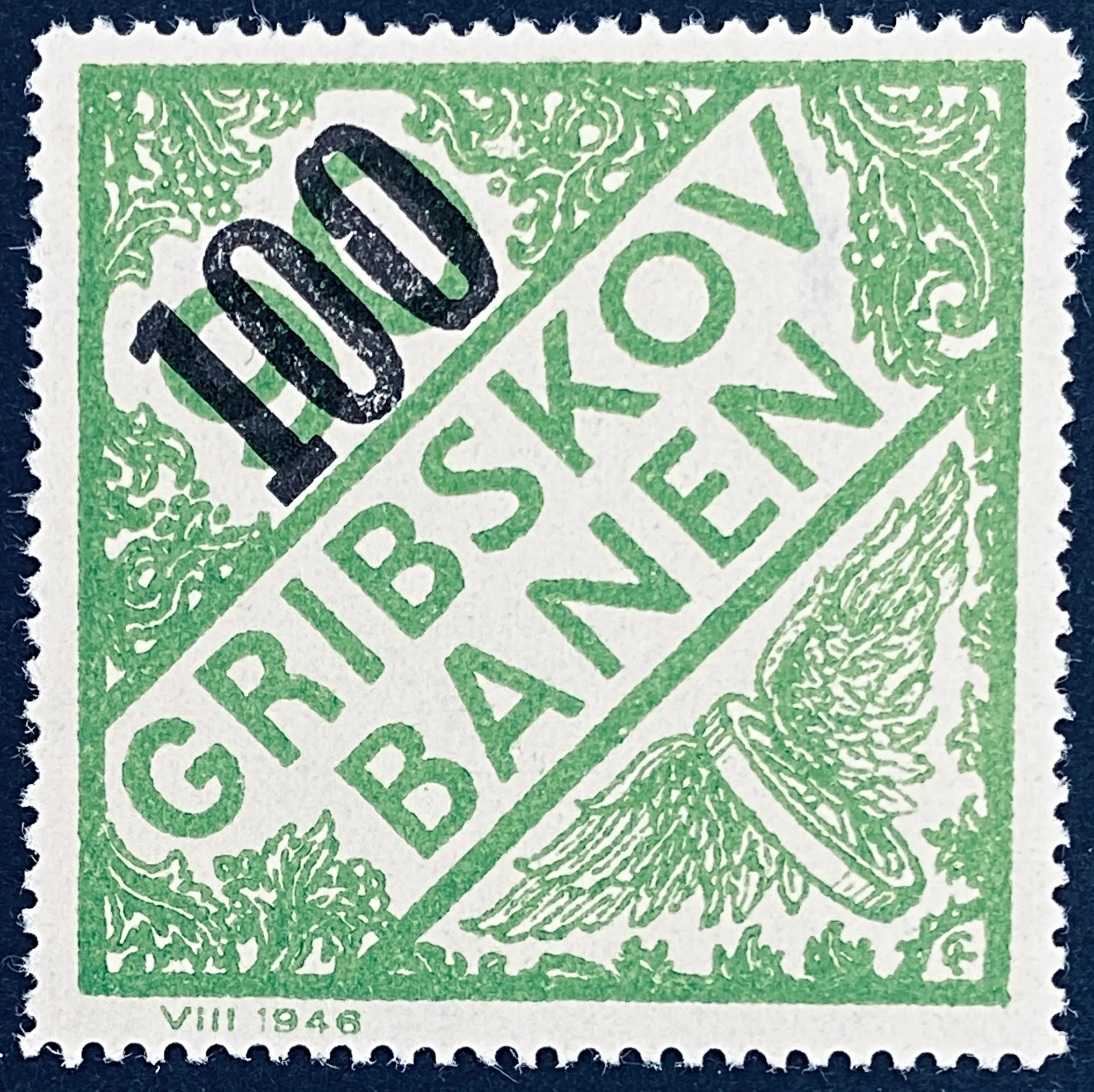 GDS 51A - Provisorium (overtryk) 100 øre sort på 90 Øre Motiv: Vingehjul - Grøn. GDS 51A - Provisorium (overtryk) 100 øre sort på 90 Øre Motiv: Vingehjul - Grøn.
