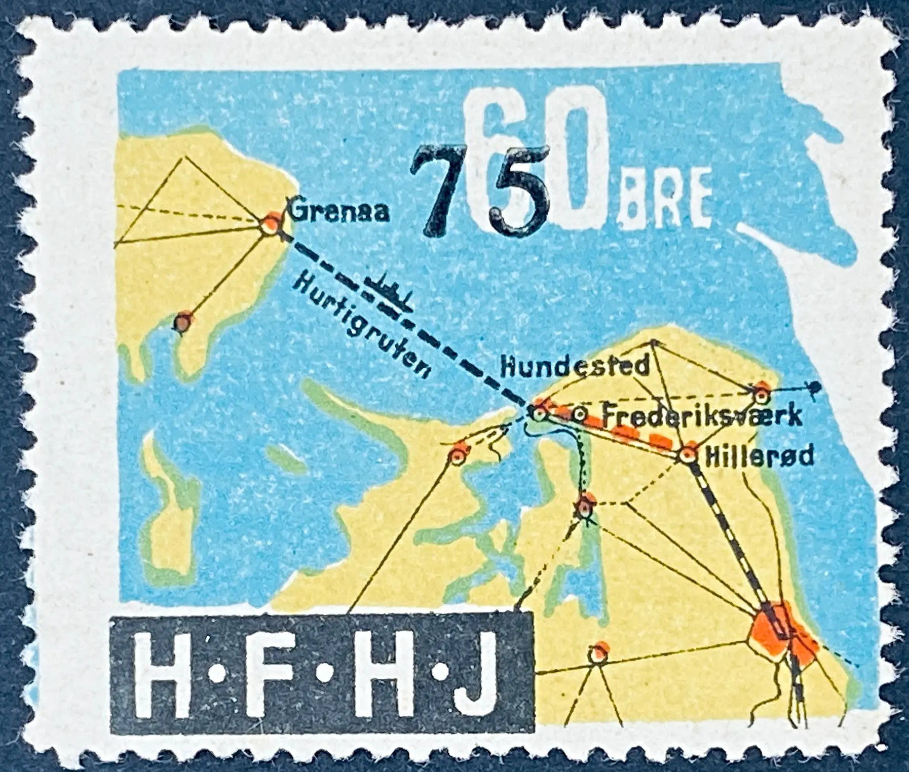 HFHJ 55BX - Provisorium (overtryk) 75 Øre sort på 60 Øre Motiv: Kort med Hurtigruten Grenaa Hundested - Flerfarvet. HFHJ 55BX - Provisorium (overtryk) 75 Øre sort på 60 Øre Motiv: Kort med Hurtigruten Grenaa Hundested - Flerfarvet.