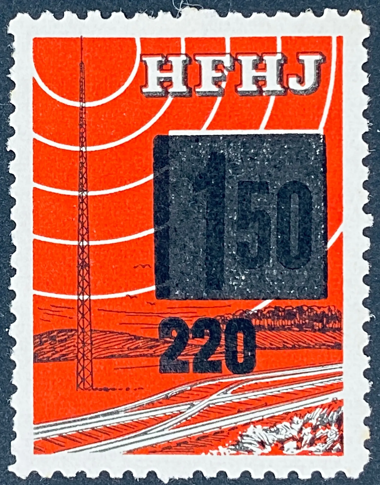 HFHJ 128 - Provisorium (overtryk) 220 Øre sort på 1<sup>50</sup> Kroner Motiv: Radiomast - Rød. HFHJ 128 - Provisorium (overtryk) 220 Øre sort på 1<sup>50</sup> Kroner Motiv: Radiomast - Rød.