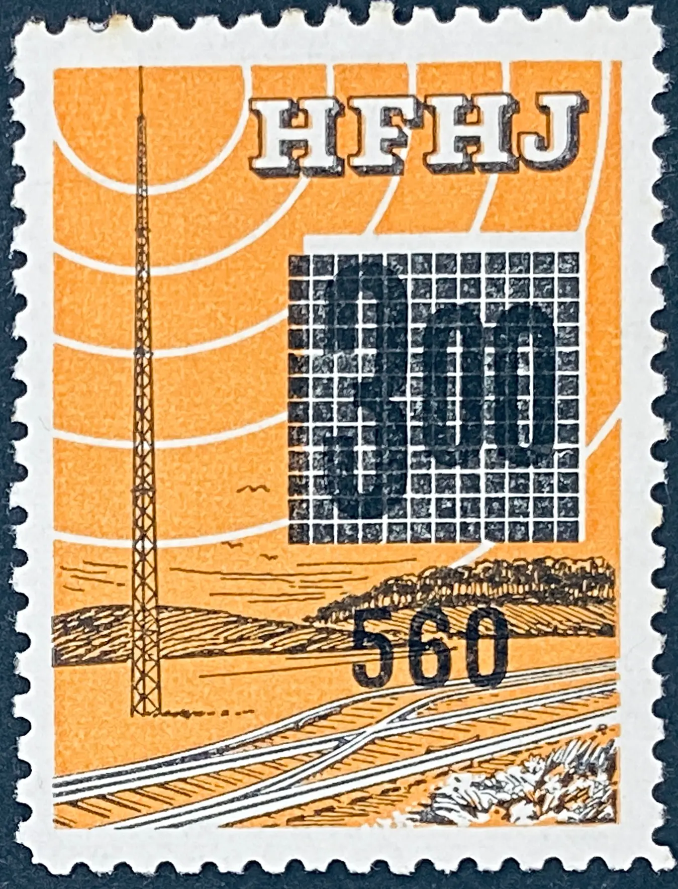 HFHJ 137 - Provisorium (overtryk) 560 Øre sort på 3<sup>00</sup> Kroner Motiv: Radiomast - Orange. HFHJ 137 - Provisorium (overtryk) 560 Øre sort på 3<sup>00</sup> Kroner Motiv: Radiomast - Orange.