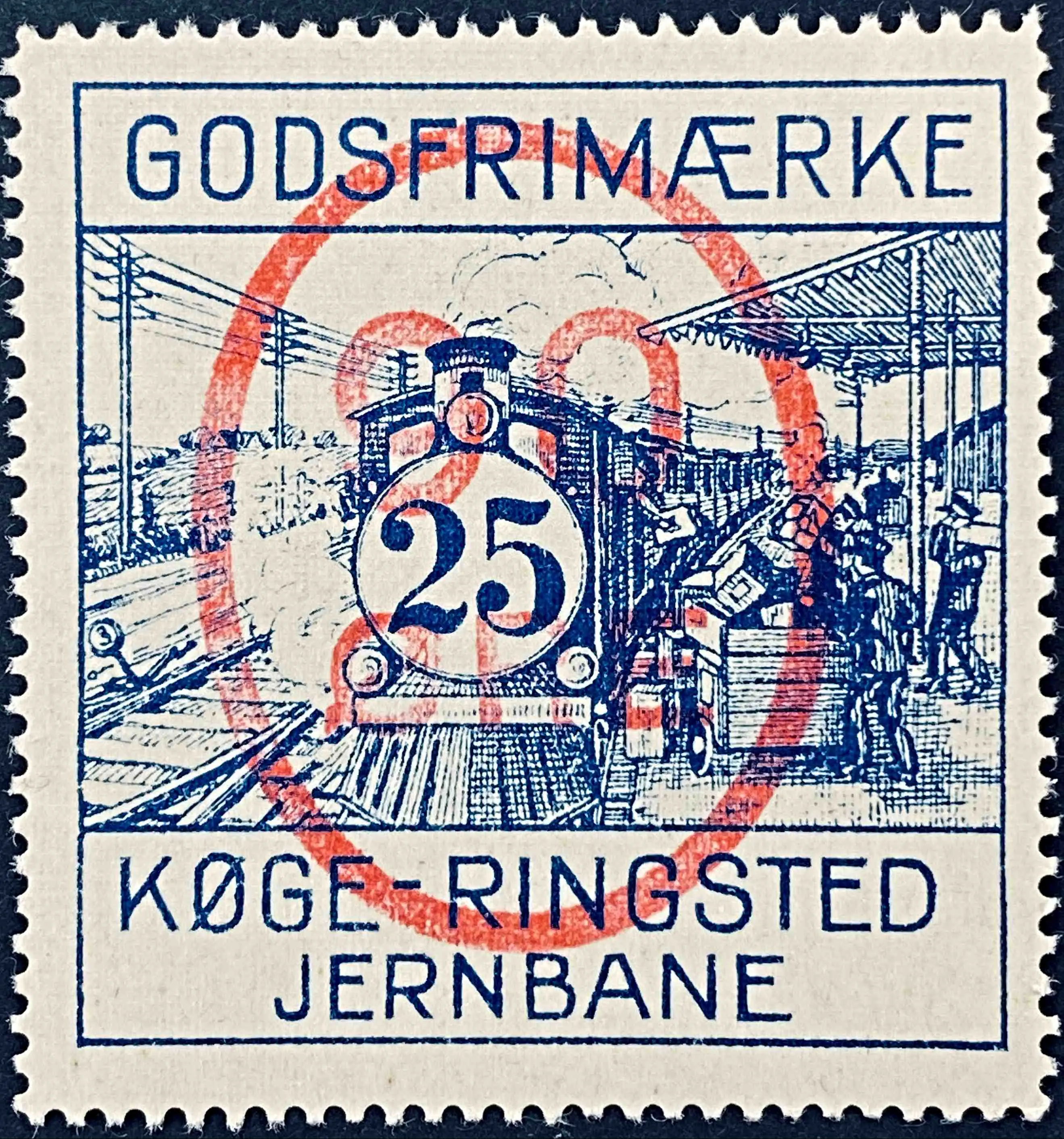 KRB 8 - Provisorium (overtryk) 90 Øre Håndstemplet Rødt i oval ramme på 25 Øre Motiv: Damptog - Blå. KRB 8 - Provisorium (overtryk) 90 Øre Håndstemplet Rødt i oval ramme på 25 Øre Motiv: Damptog - Blå.