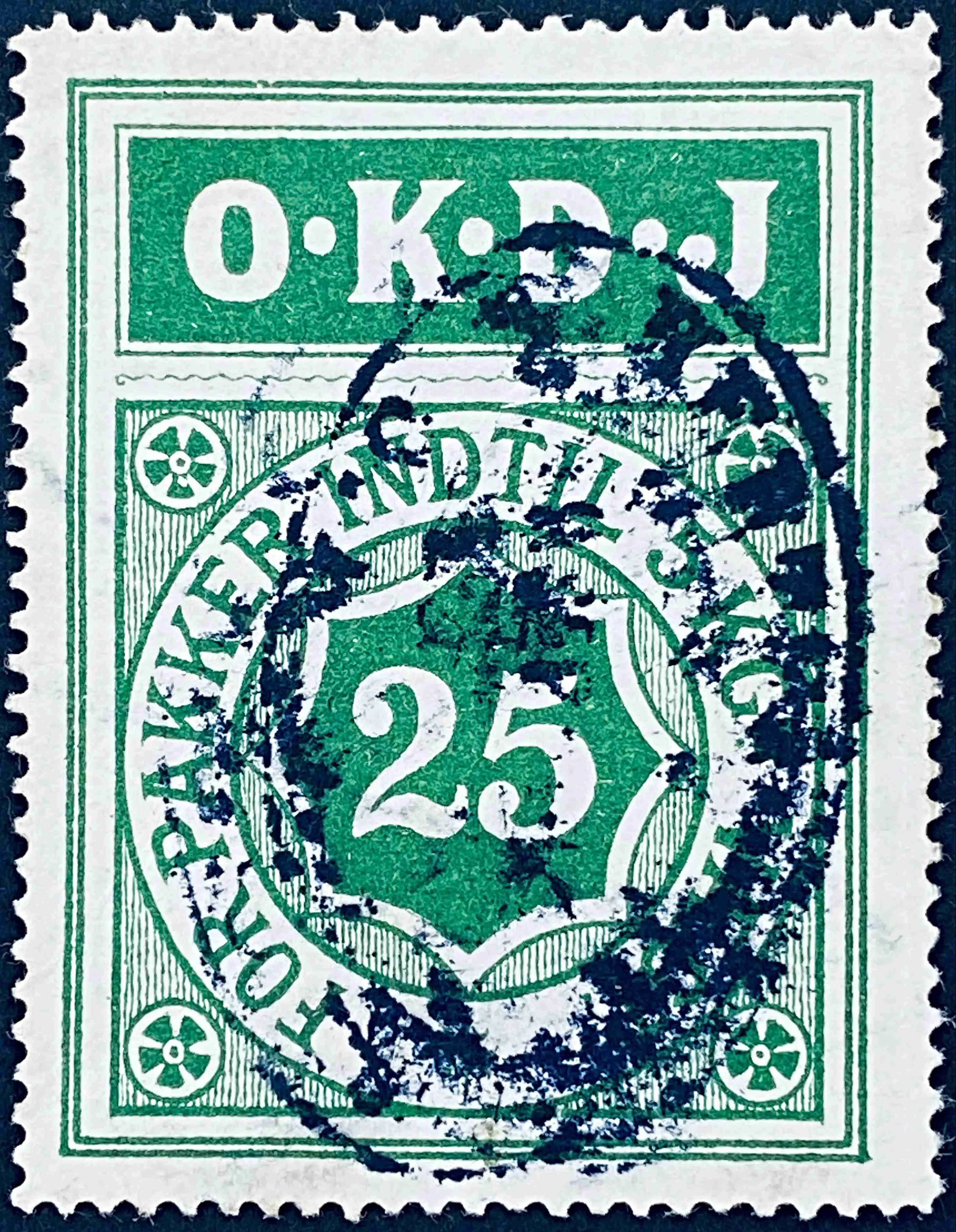 OKDJ 4 - 25 Øre - Grøn - stemplet på Kerteminde Station (Ktm).