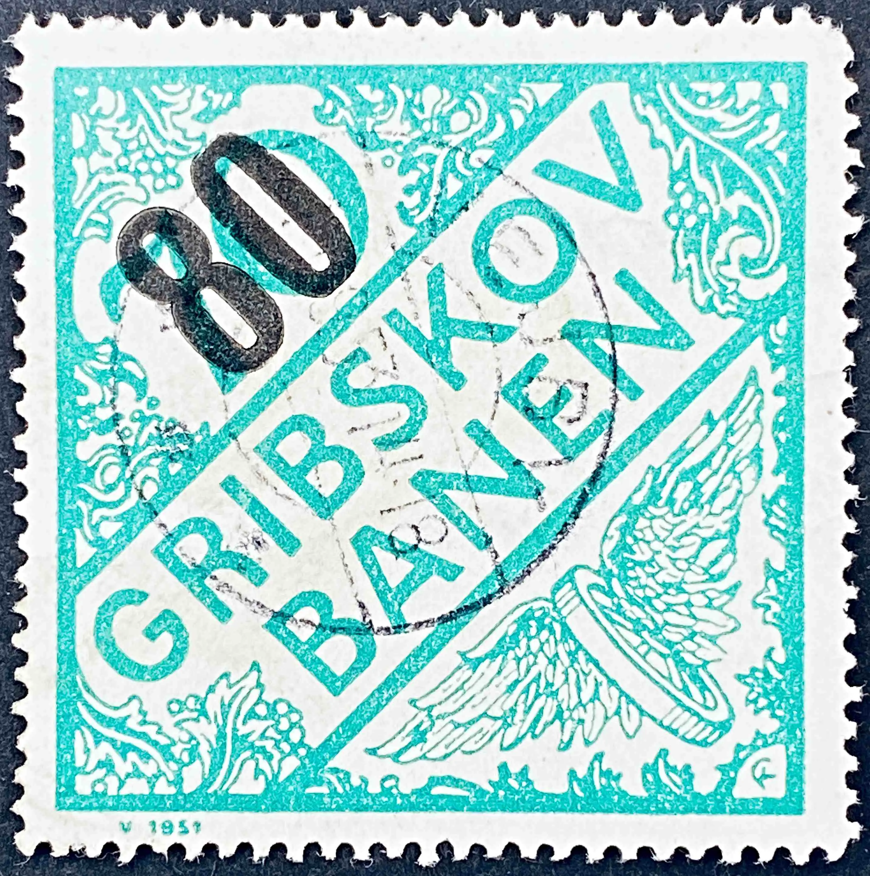GDS 48 - Provisorium (overtryk) 80 Øre sort bogtryk på 70 Øre Motiv: Vingehjul - Blågrøn - stemplet på Vejby Station (Vej). GDS 48 - Provisorium (overtryk) 80 Øre sort bogtryk på 70 Øre Motiv: Vingehjul - Blågrøn - stemplet på Vejby Station (Vej).