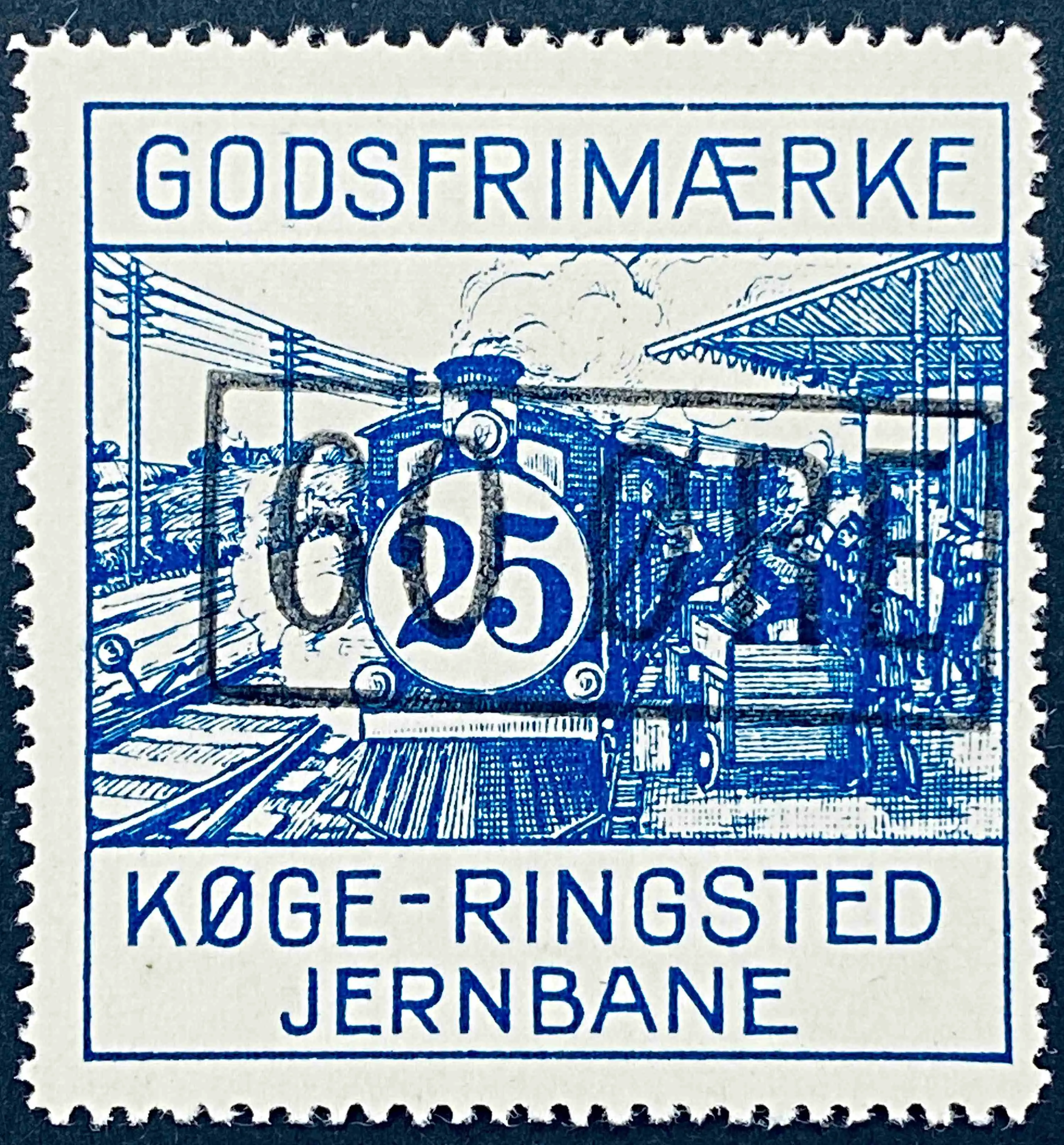 KRB 4 - Provisorium (overtryk) 60 Øre sort i sort ramme håndstemplet på 25 Øre Motiv: Damptog - Blå. KRB 4 - Provisorium (overtryk) 60 Øre sort i sort ramme håndstemplet på 25 Øre Motiv: Damptog - Blå.