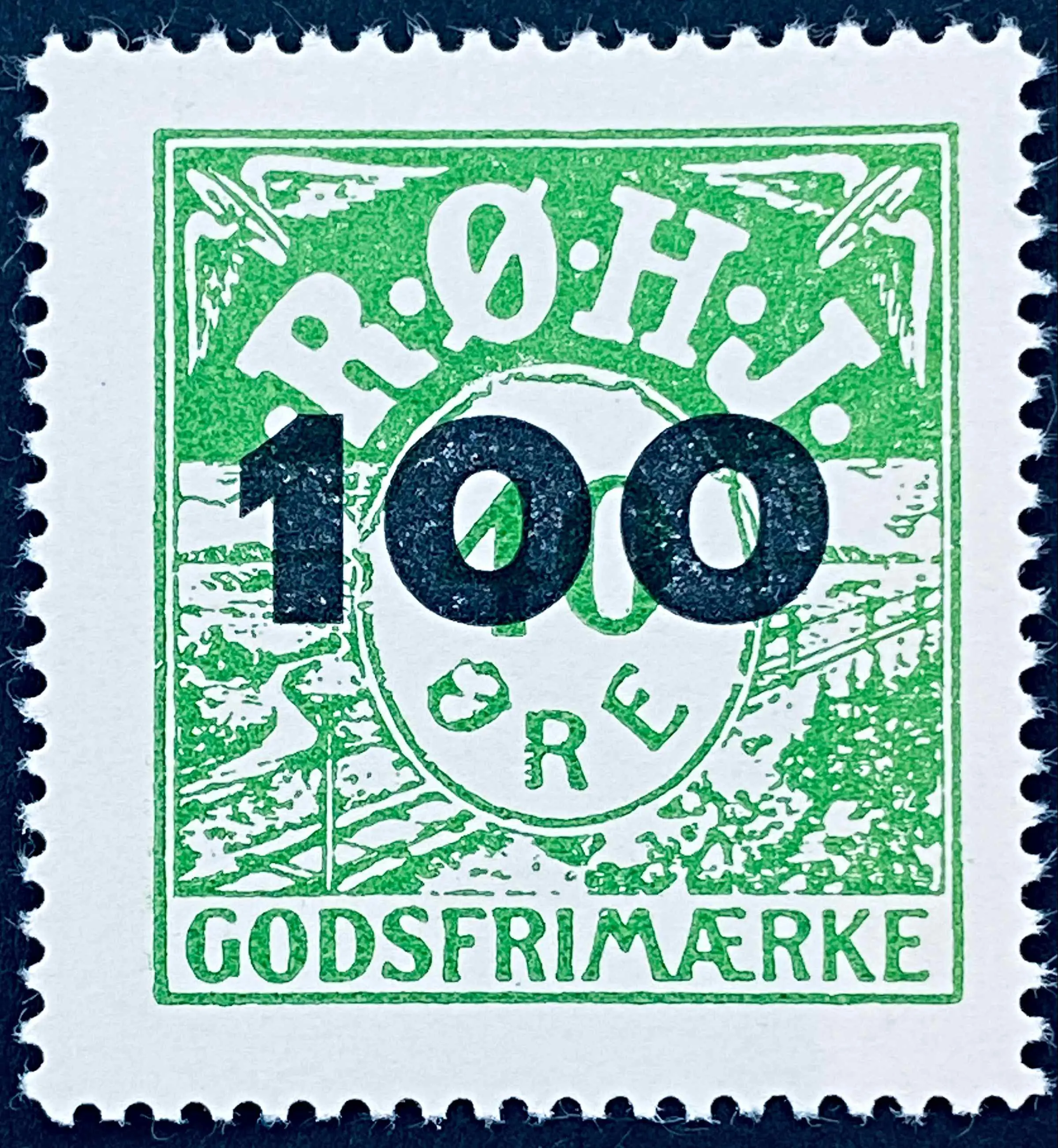 RØHJ 28C - Provisorium (overtryk) 100 øre sort bogtryk på 40 Øre - Grøn nuance. RØHJ 28C - Provisorium (overtryk) 100 øre sort bogtryk på 40 Øre - Grøn nuance.