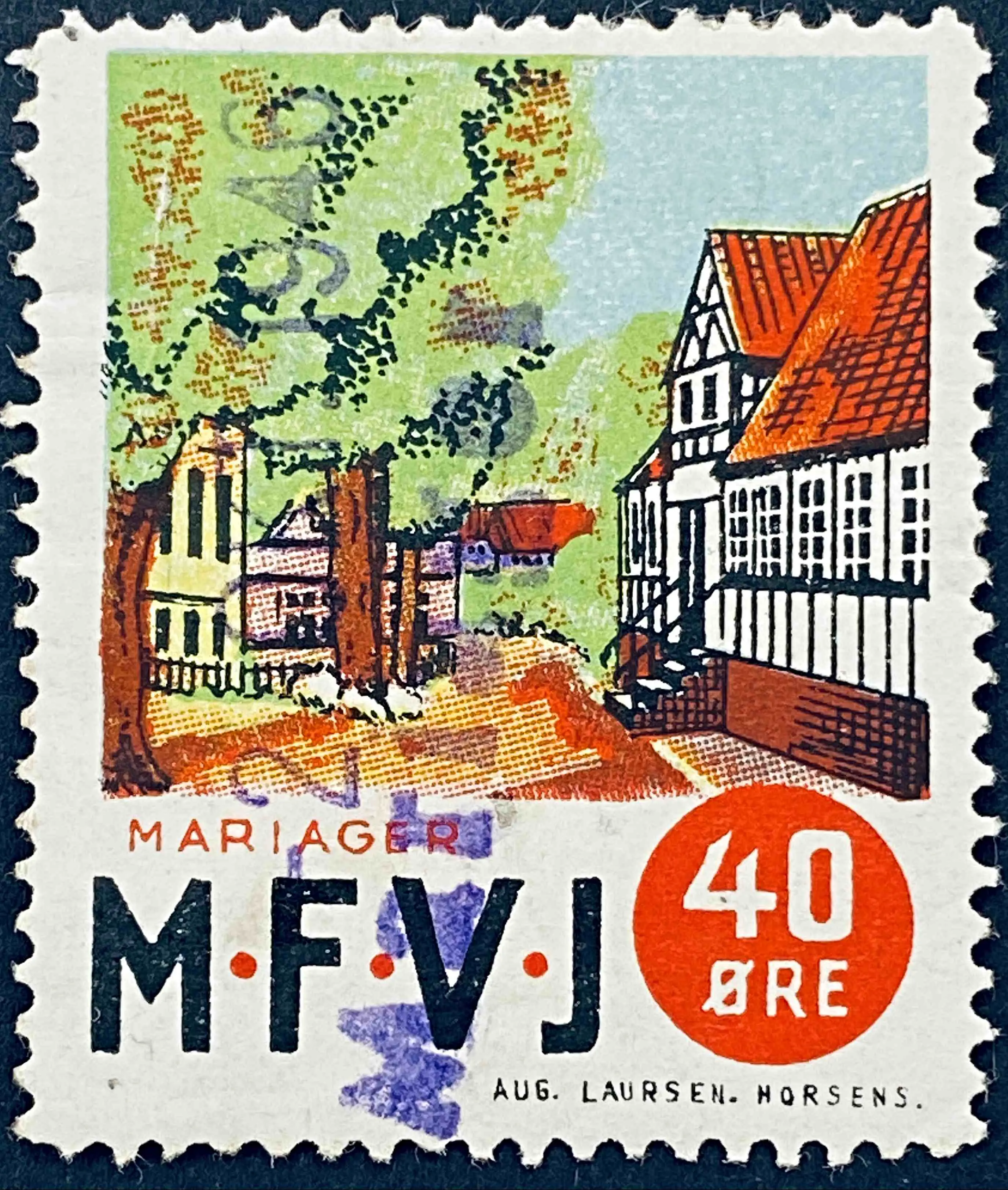 MFVJ 13 - 40 Øre Motiv: Mariager Torv - Flerfarvet - trykkeri: Aug Laursen: Horsens - stemplet på Mariager Station (Mrg (Mr)). MFVJ 13 - 40 Øre Motiv: Mariager Torv - Flerfarvet - trykkeri: Aug Laursen: Horsens - stemplet på Mariager Station (Mrg (Mr)).