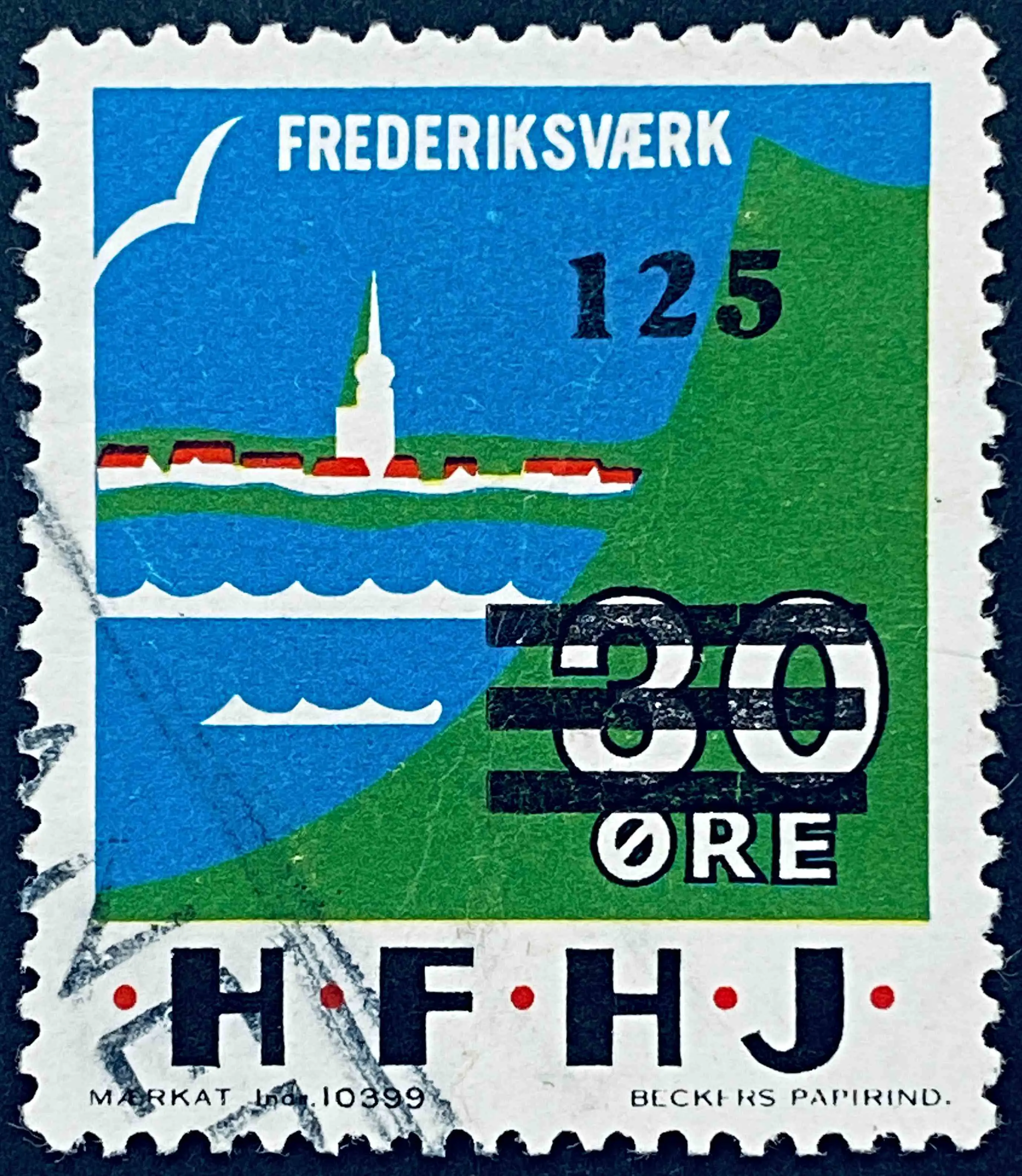 HFHJ 87A - Provisorium (overtryk) 125 Øre sort bogtryk på 30 Øre Motiv: Frederiksværk - Flerfarvet - trykkeri: Beckers Papirindustri A/S med mærke nummer: 10399 - banemærket er stemplet. HFHJ 87A - Provisorium (overtryk) 125 Øre sort bogtryk på 30 Øre Motiv: Frederiksværk - Flerfarvet - trykkeri: Beckers Papirindustri A/S med mærke nummer: 10399 - banemærket er stemplet.