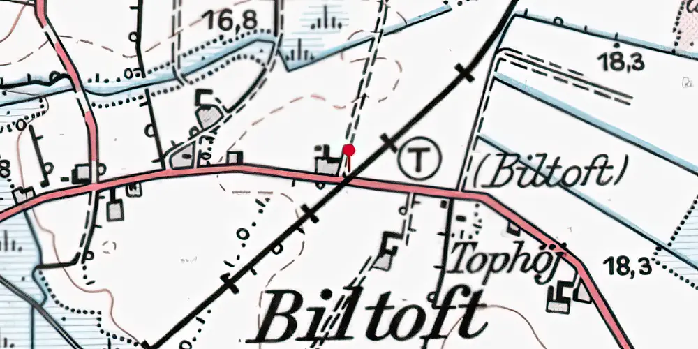 Historisk kort over Biltoft Trinbræt med Sidespor Historisk kort over Biltoft Trinbræt med Sidespor