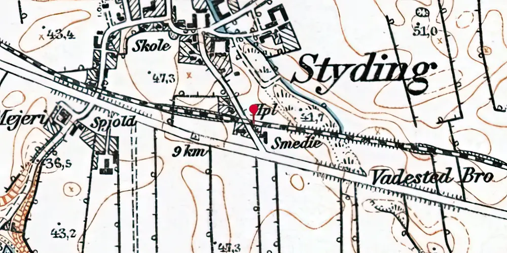 Historisk kort over Styding Trinbræt Historisk kort over Styding Trinbræt