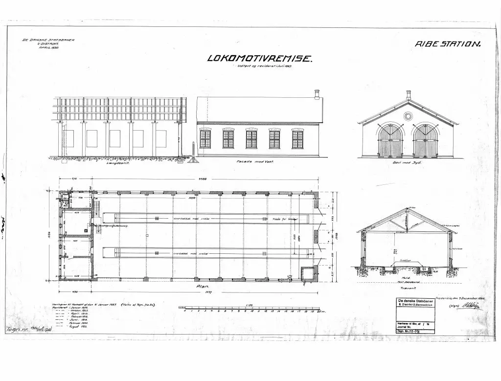 Tegning af Ribe Stations remise.