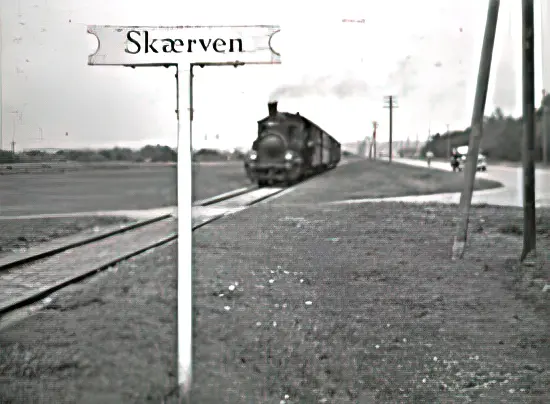 Billede af badetog, som ankommer til Skærven Trinbræt - her set i retning mod Nyborg.