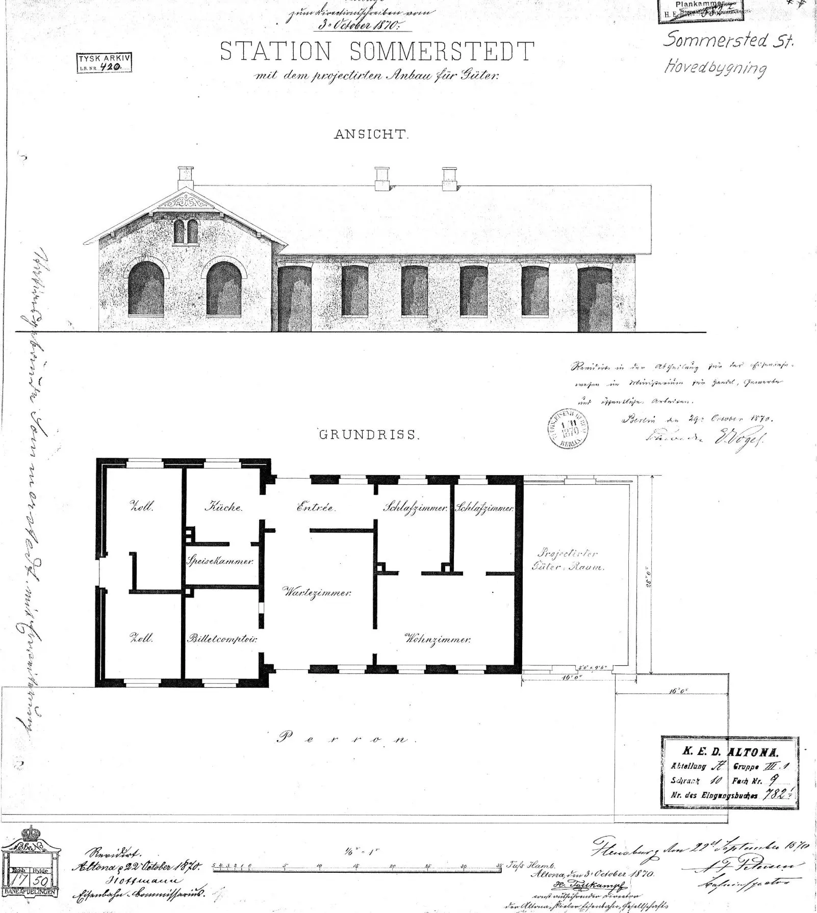 Tegning af Sommersted Stationsbygning med projekteret tilbygning af et godsrum. Tegning af Sommersted Stationsbygning med projekteret tilbygning af et godsrum.