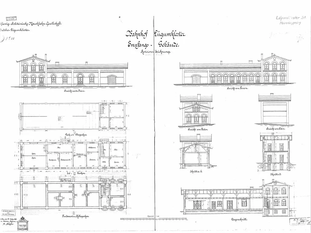 Tegning af Løgumkloster Statsbanegård. Tegning af Løgumkloster Statsbanegård.