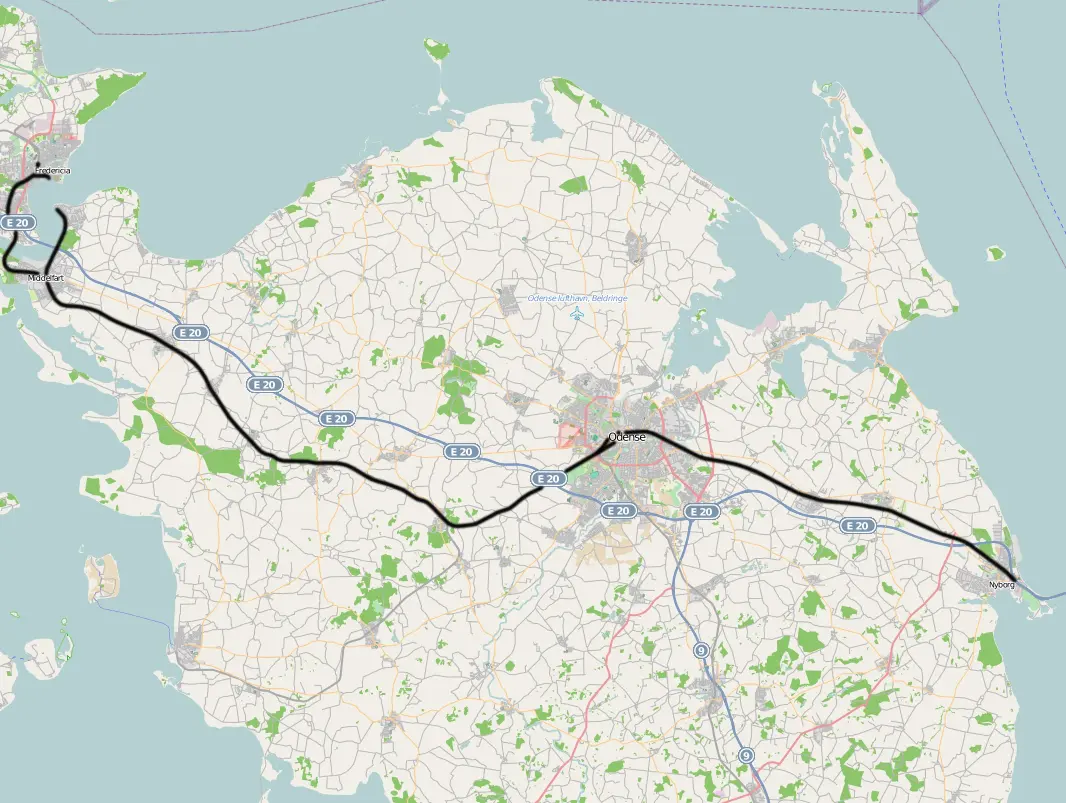 Kort over benestrækningen: Den fynske hovedbane (DSB) Kort over benestrækningen: Den fynske hovedbane (DSB)