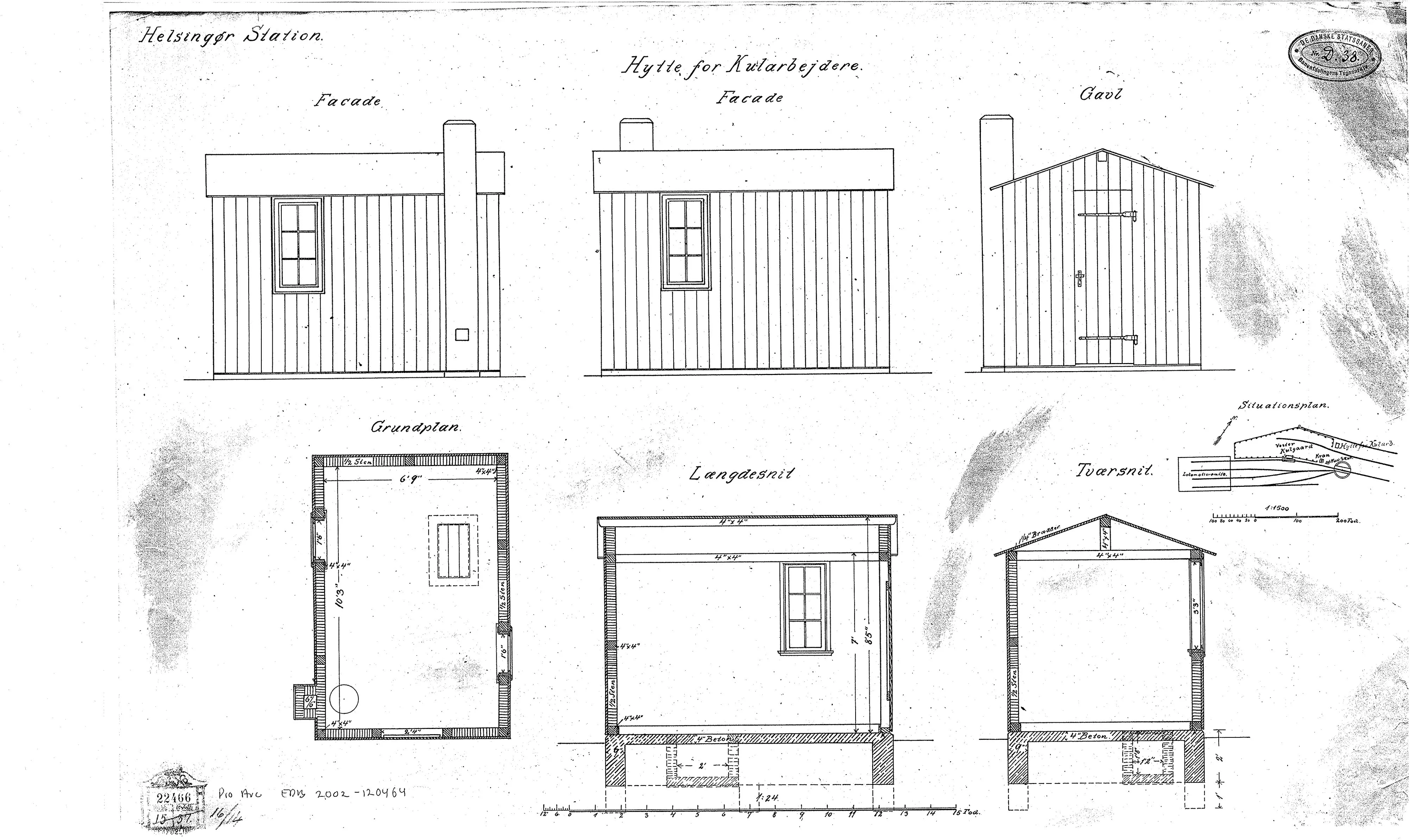 Tegning af Hytte for kularbejdere ved Helsingør Banegård. Tegning af Hytte for kularbejdere ved Helsingør Banegård.