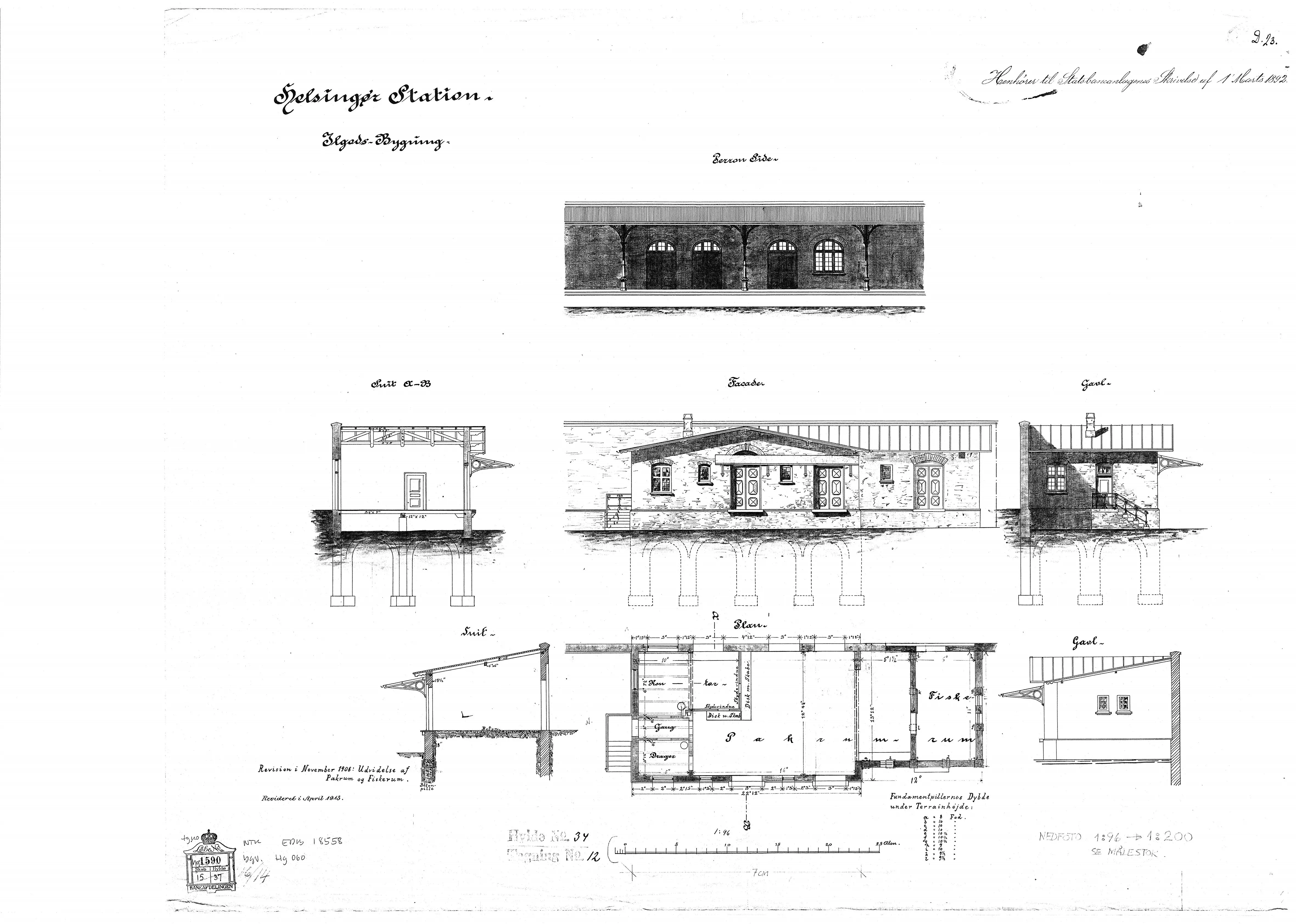Tegning af Ilgodsbygning ved Helsingør Banegård. Tegning af Ilgodsbygning ved Helsingør Banegård.