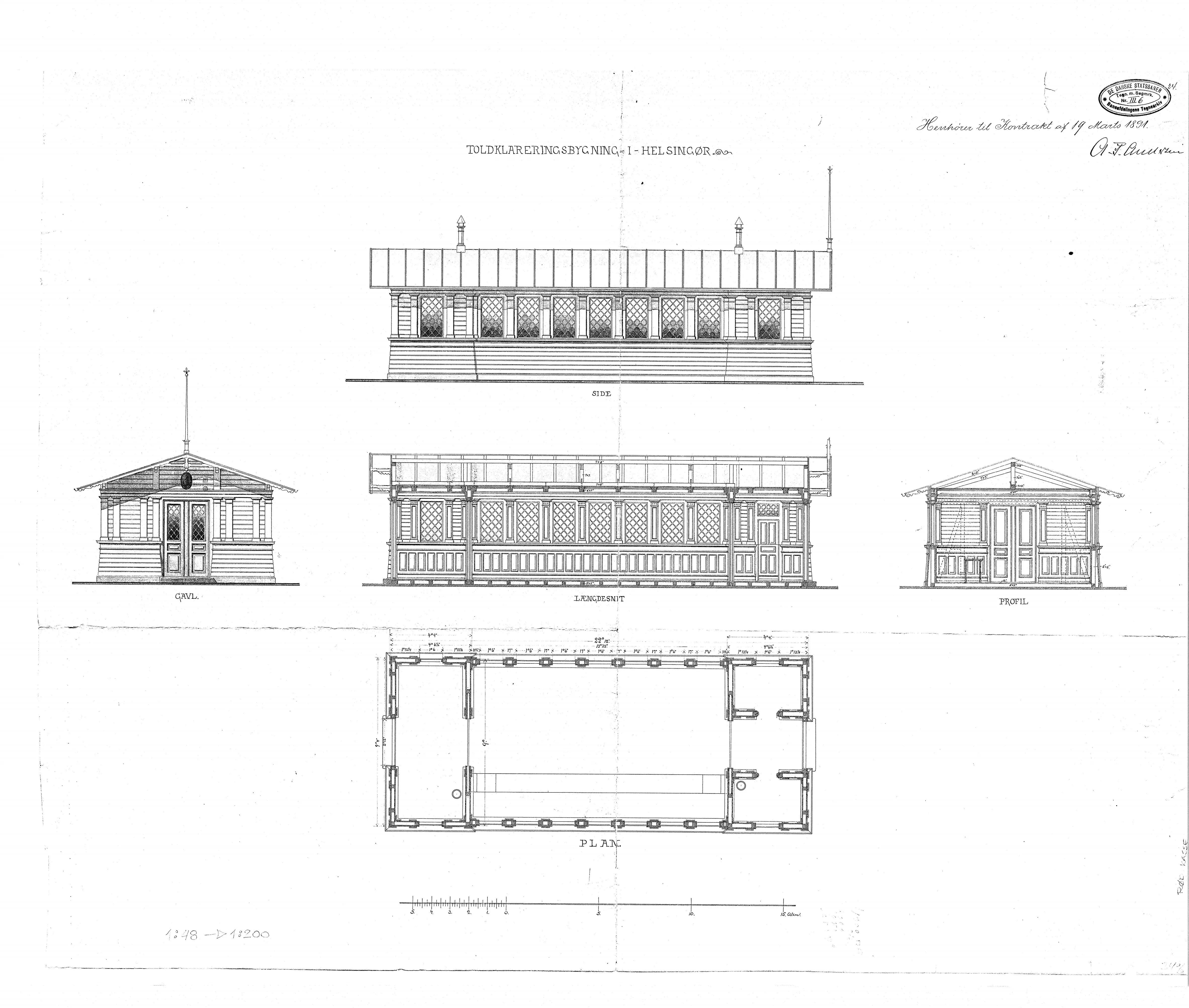 Tegning af Toldklareringsbygning ved Helsingør Banegård. Tegning af Toldklareringsbygning ved Helsingør Banegård.