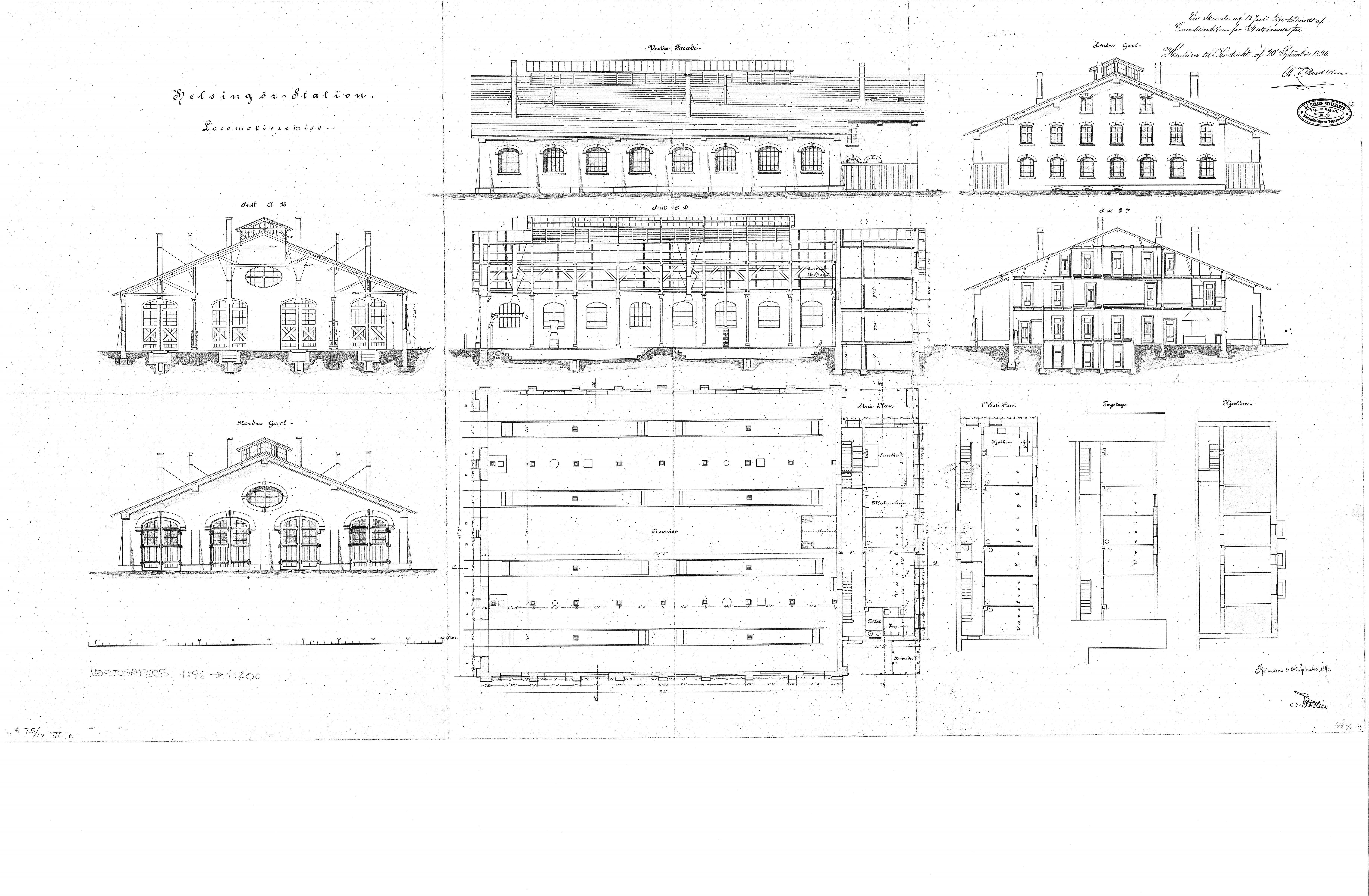 Tegning af Helsingør Banegårds remise. Tegning af Helsingør Banegårds remise.