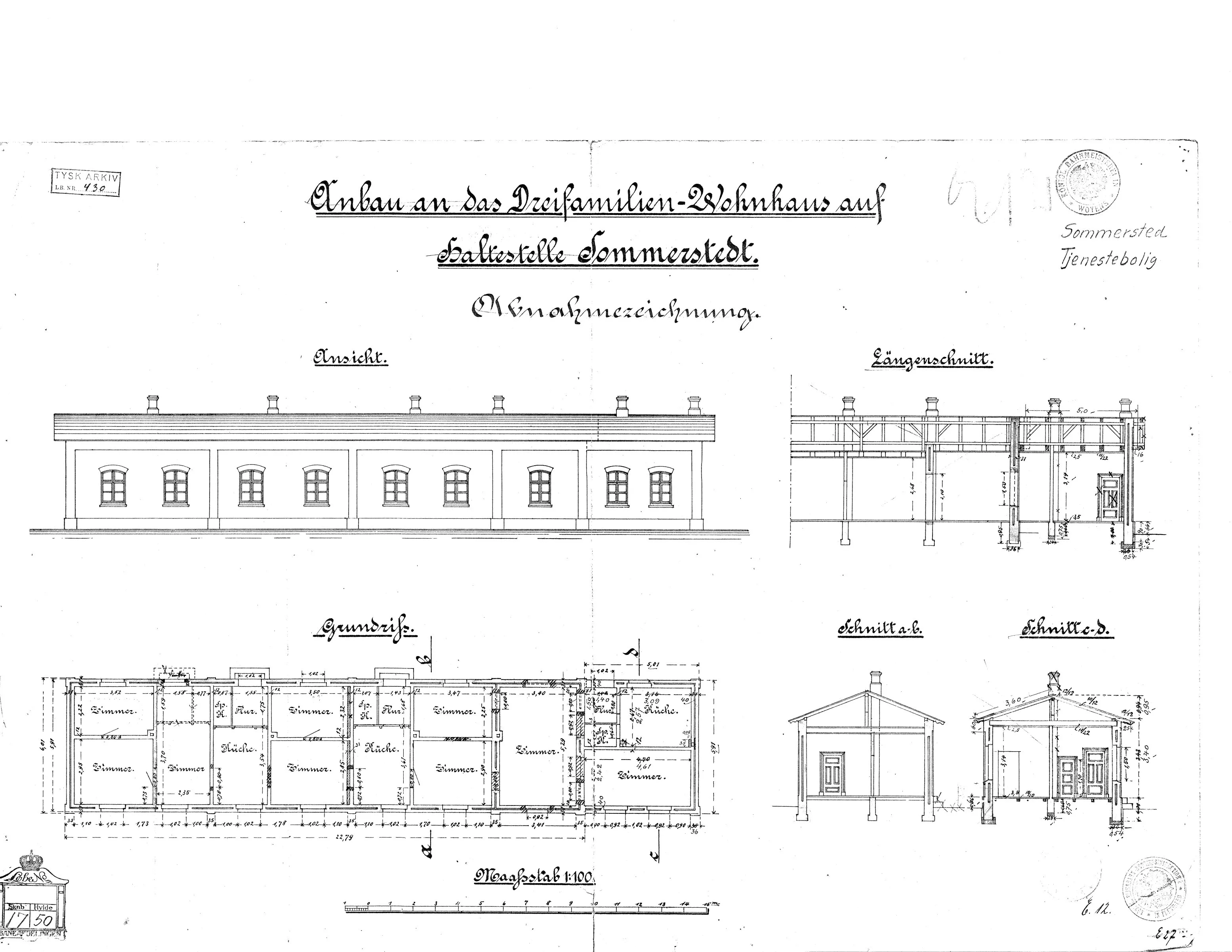 Tegning af Tilbygning til trefamilie-tjenestebolig ved Sommersted Station. Tegning af Tilbygning til trefamilie-tjenestebolig ved Sommersted Station.