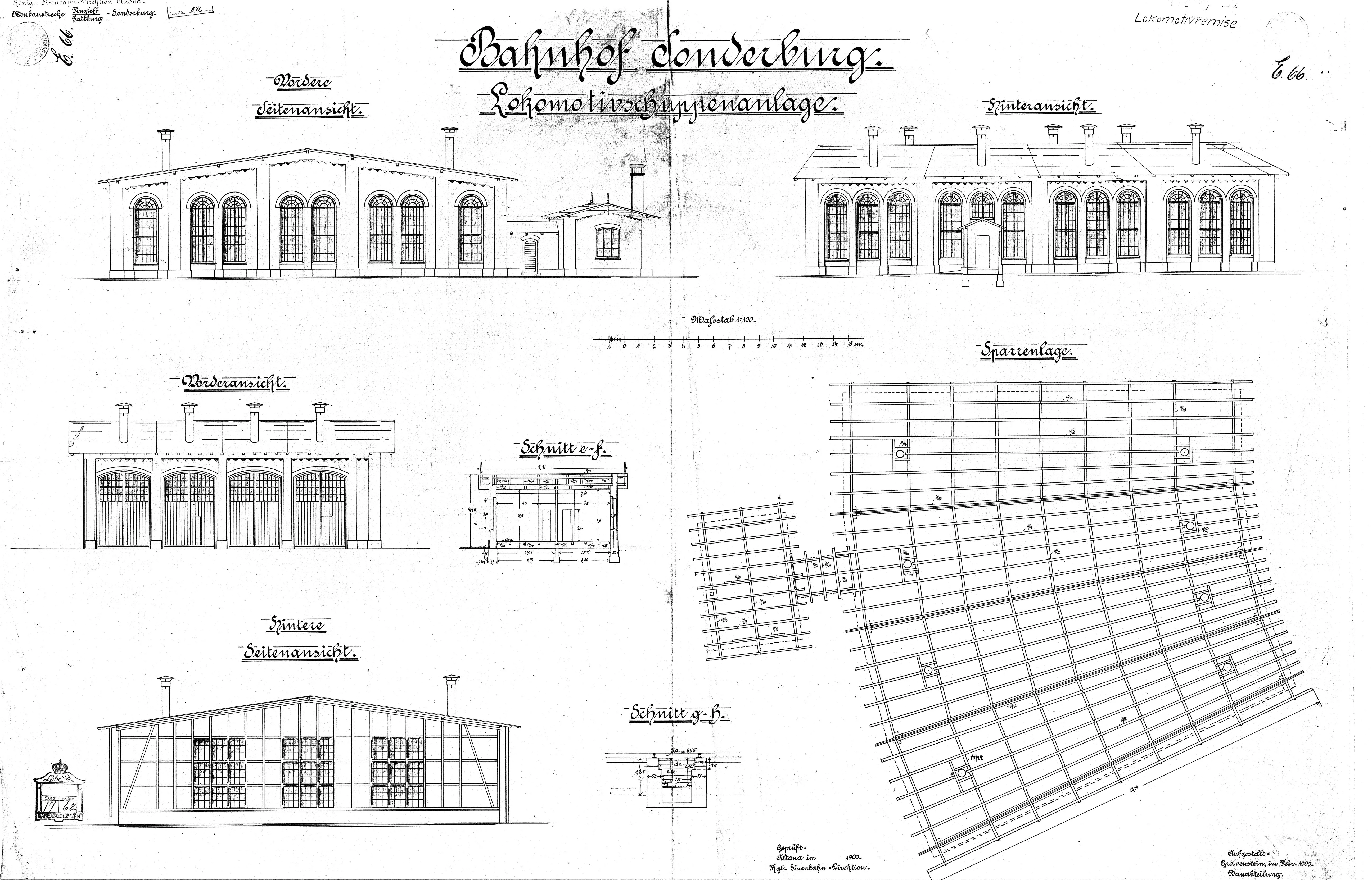 Tegning af Sønderborg Hovedbanegårds remise. Tegning af Sønderborg Hovedbanegårds remise.
